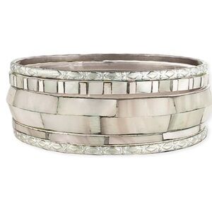 Mother of Pearl And Silvertone Bangles Set of Five Jewelry Bracelets